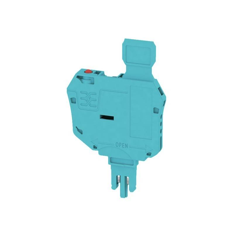 Ein türkisfarbenes elektrisches Relais mit einem kleinen roten Knopf oben, unten mit der Markierung 'OPEN', verwendet für Automatisierungssysteme.