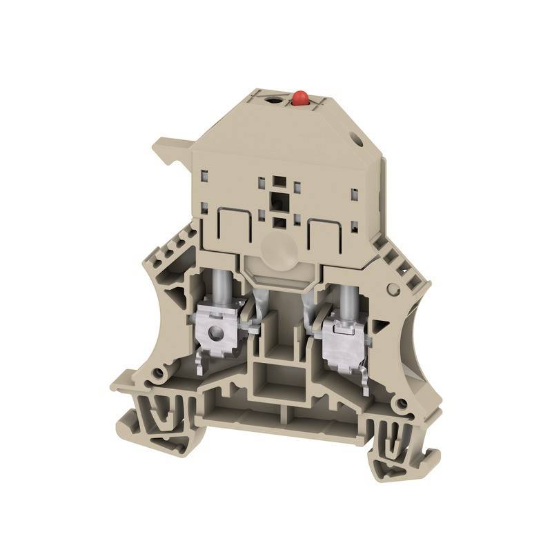 Ein beiger Klemmblock mit zwei Metallklemmen, der für elektrische Verbindungen verwendet wird und einen roten Knopf an der Oberseite aufweist.