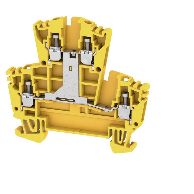 Ein gelber Klemmenblock mit Schraubanschlüssen und einem Metallgehäuse für elektrische Verdrahtungsanwendungen.