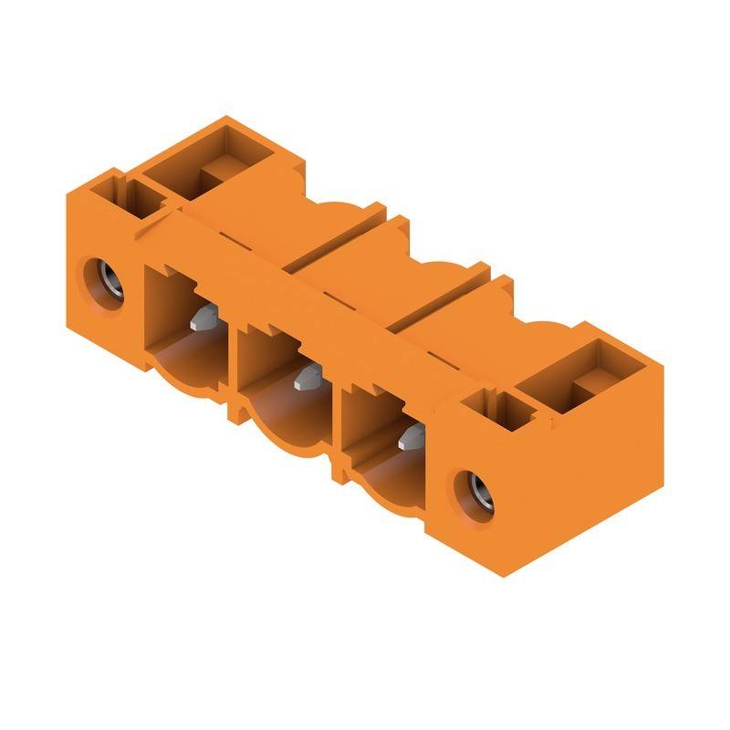 Orangefarbener Klemmenblock mit drei Anschlüssen und Metallverbindern, verwendet für elektrische Verdrahtungssysteme.