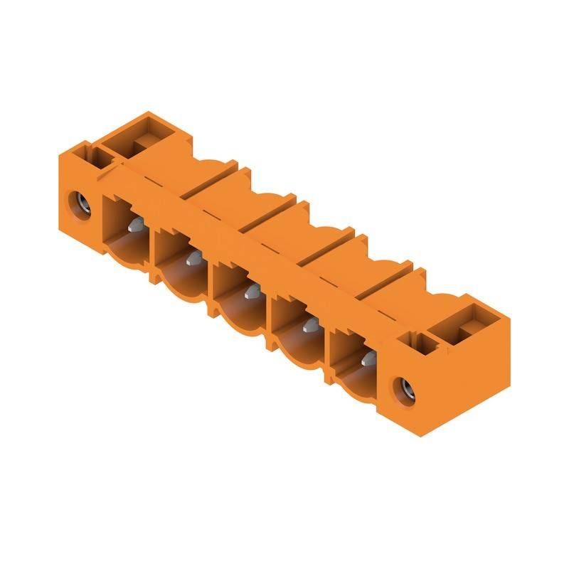 Ein orangefarbener Schraubklemmenblock mit fünf Anschlusspunkten zur Befestigung elektrischer Leitungen.