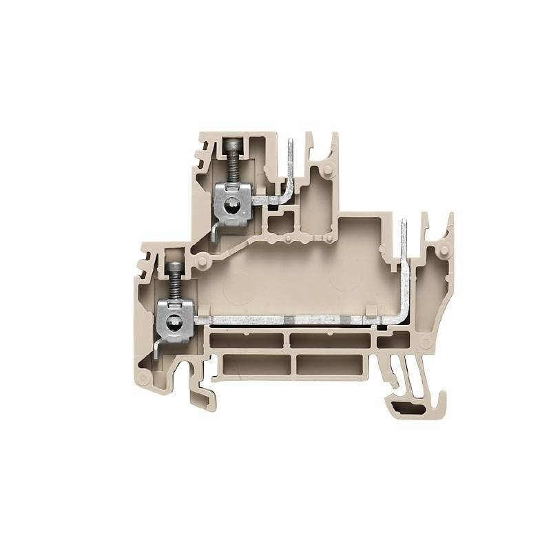 „Eine Querschnittsansicht eines beigen elektrischen Klemmenblocks, die Innenkomponenten und Metallverbinder zum Befestigen von Drähten zeigt.