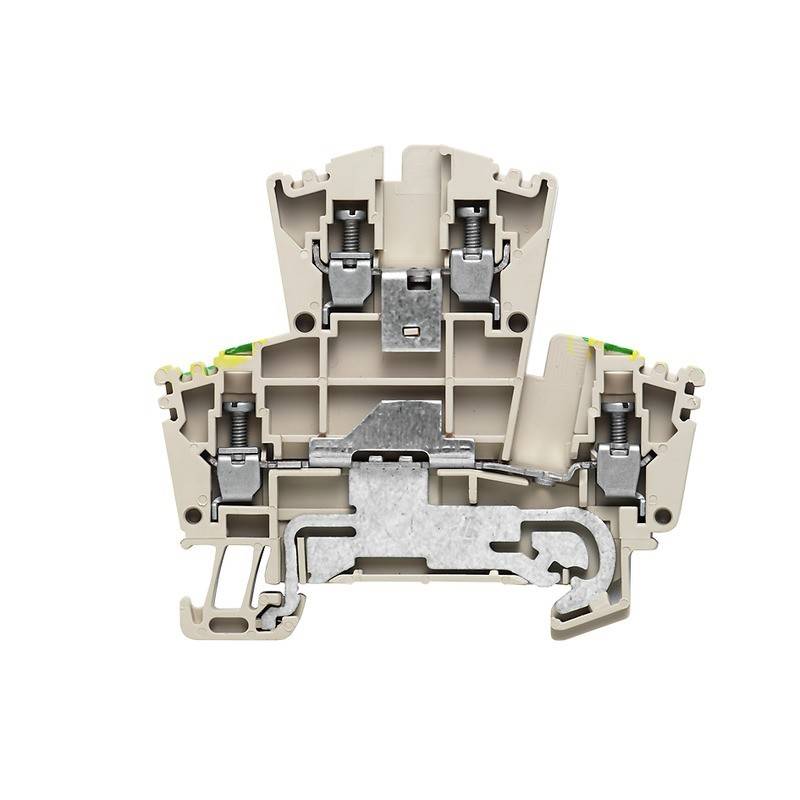 Querschnitt eines beigen elektrischen Anschlussklemmenblocks, der die internen Metallverbinder und Verdrahtungswege zeigt und dessen Aufbau und Funktion veranschaulicht.