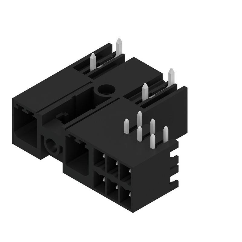 Ein schwarzer rechteckiger elektronischer Stecker mit mehreren silbernen Pins, die aus seiner Oberfläche hervorragen, verwendet zum Verbinden von Schaltkreisen.