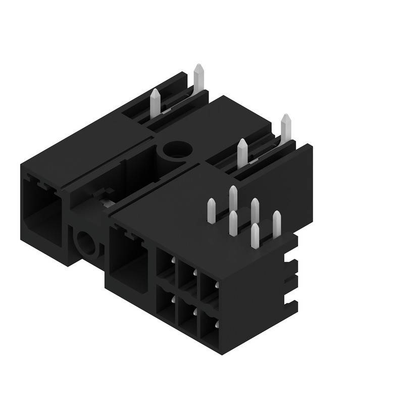 Ein schwarzer elektronischer Anschluss mit mehreren Pins und Steckplätzen, der zur Verbindung elektrischer Komponenten in Geräten oder Schaltkreisen verwendet wird.