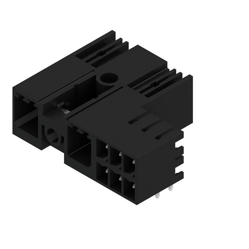 Ein schwarzer, rechteckiger elektrischer Anschluss mit mehreren Pins und Buchsen, der zum Verbinden von Schaltkreisen in elektronischen Geräten verwendet wird.