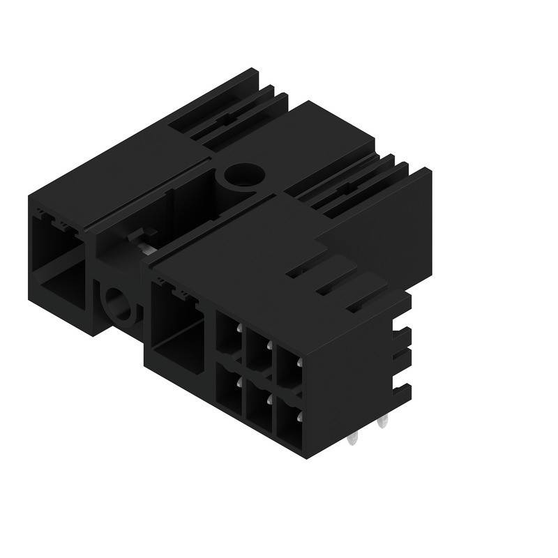 Ein schwarzer Kunststoff-Elektronikverbinder mit mehreren Schlitzen und Pins, der zum Sichern elektrischer Verbindungen in Geräten oder Maschinen entwickelt wurde.