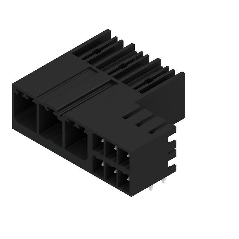 Ein schwarzer elektrischer Anschluss mit mehreren Schlitzen und sichtbaren Kontakten, der wahrscheinlich für elektronische Schaltungsverbindungen verwendet wird.