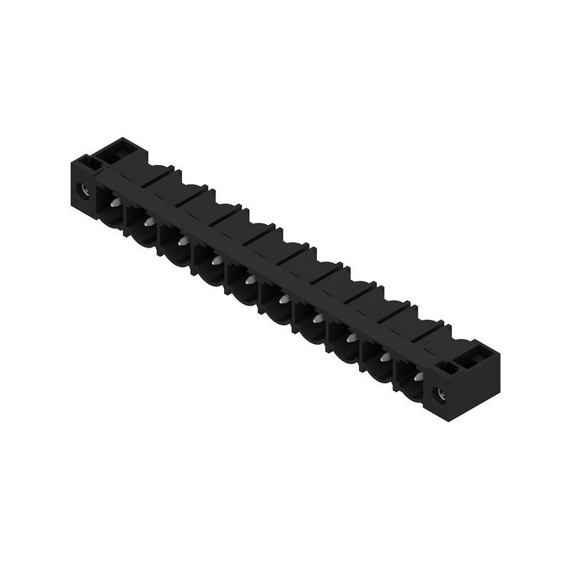 Ein schwarzer elektronischer Anschlusskomponent mit mehreren Steckplätzen, konzipiert für die Montage auf Leiterplatten oder elektrische Verbindungen.