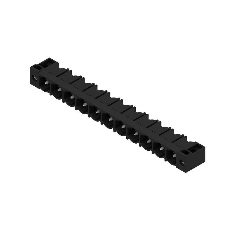 Eine schwarze rechteckige elektronische Komponente mit mehreren Schlitzen, höchstwahrscheinlich ein Anschluss oder ein Anschlussblock, auf einem weißen Hintergrund.