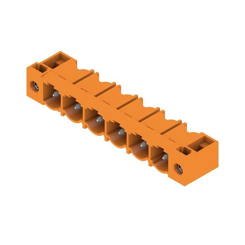 Orange 5-poliger Klemmenblock mit Schraubanschlüssen, verwendet für elektrische Verdrahtung, Seitenansicht mit Buchsen und Schrauböffnungen.