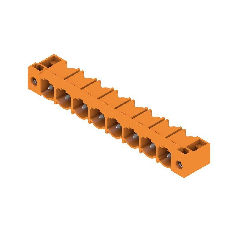 Ein orangefarbener Terminalblock mit mehreren Anschlussplätzen, der für elektrische oder elektronische Schaltungsanwendungen konzipiert ist.