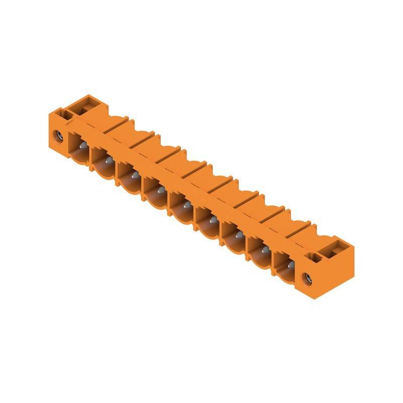 Ein orangefarbener elektrischer Anschlussblock mit mehreren Anschlusspunkten ist zu sehen, der für Verdrahtung und elektrische Verbindungen verwendet wird.