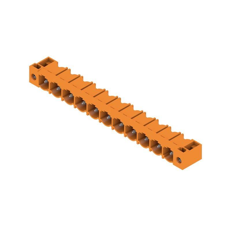Ein orangefarbener elektrischer Anschlussblock mit mehreren Schraubanschlüssen, der zum Verbinden von Drähten in elektrischen Schaltkreisen verwendet wird.