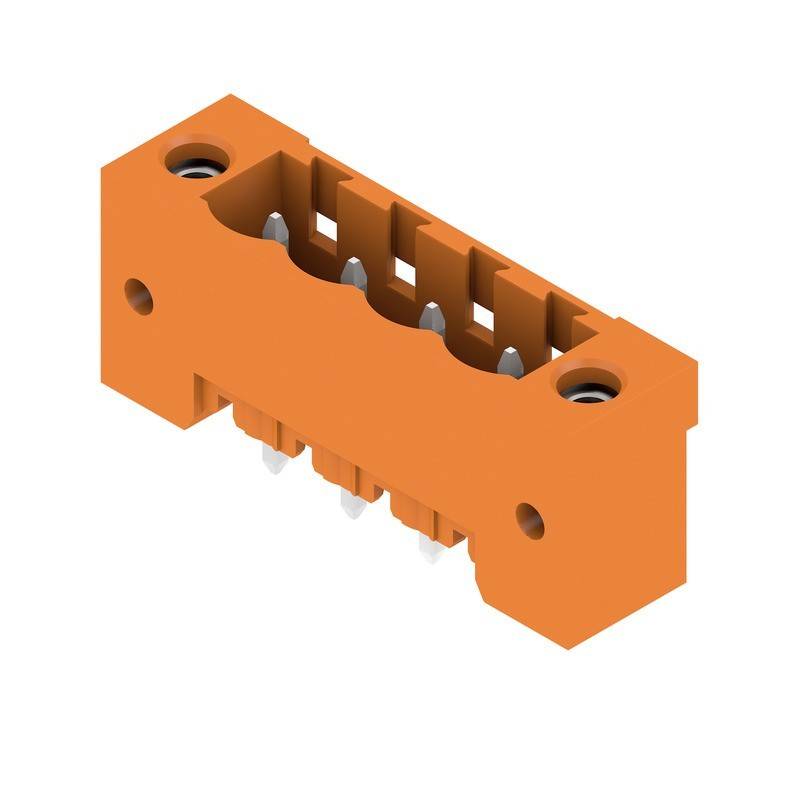 Orangefarbener elektrischer Verbinder mit fünf Metallstiften, konzipiert für Leiterplatten. Er verfügt an jedem Ende über zwei runde Löcher zur Befestigung.