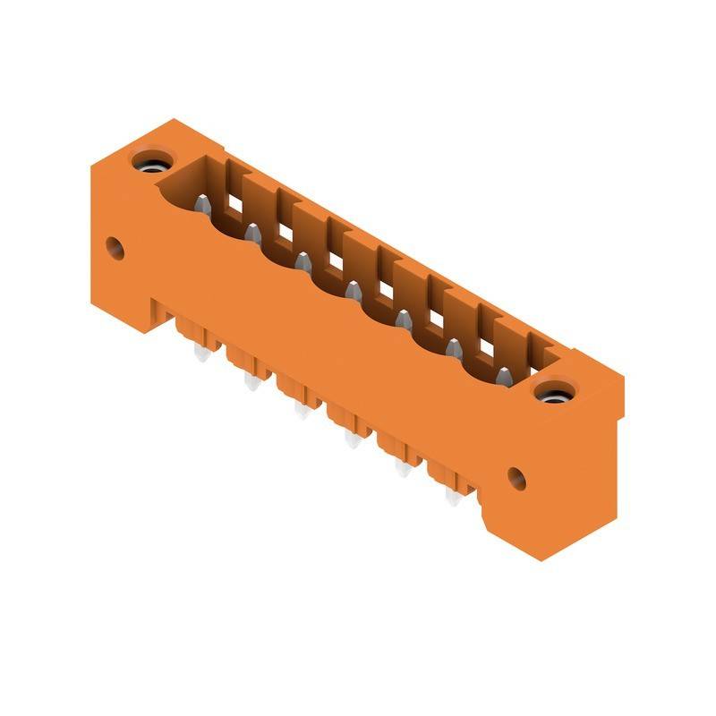 Ein orangefarbener elektronischer Anschluss mit mehreren Pins für Schaltkreisverbindungen, der für eine sichere und effiziente elektrische Integration konzipiert ist.