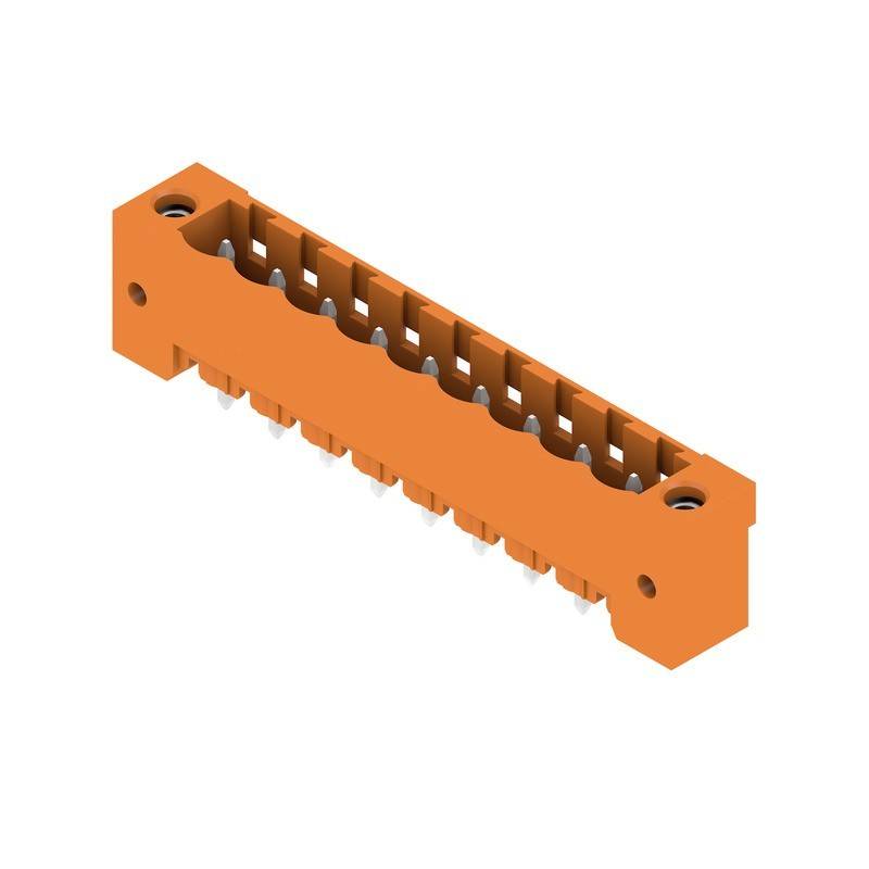 Orangefarbener elektrischer Verbinder mit mehreren Anschlüssen für Drahtverbindungen, entwickelt für elektrische und elektronische Anwendungen.