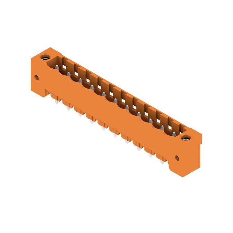 Ein orangefarbener Kunststoff-Elektronikverbinder mit mehreren Steckplätzen und Befestigungslöchern an beiden Enden, der zum Anschluss an eine Leiterplatte konzipiert ist.