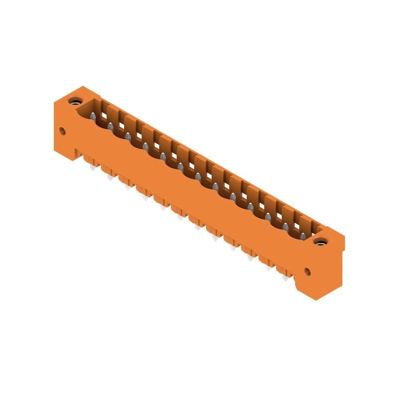Eine Darstellung eines orangefarbenen Kunststoffverbinders mit mehreren Löchern, der für elektronische Baugruppen verwendet wird, aus einer Winkelperspektive gezeigt.