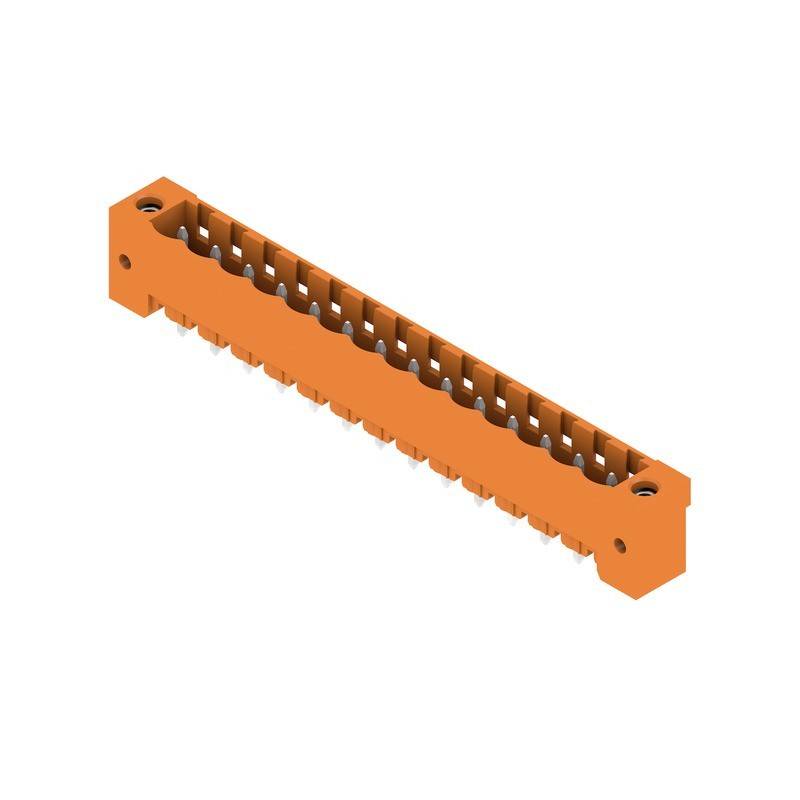 Orangefarbener elektronischer Steckverbinder mit mehreren Pins, verwendet für Leiterplattenanschlüsse. Rechteckige Form, geriffelte Konstruktion für sichere Befestigung.