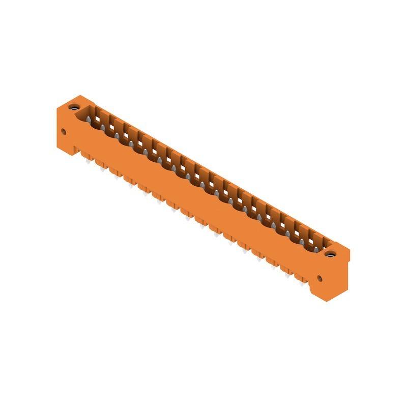 Eine orangefarbene rechteckige Komponente mit gleichmäßig angeordneten Löchern, die einem Verbinder oder Anschlussblock für elektrische Anwendungen ähnelt.