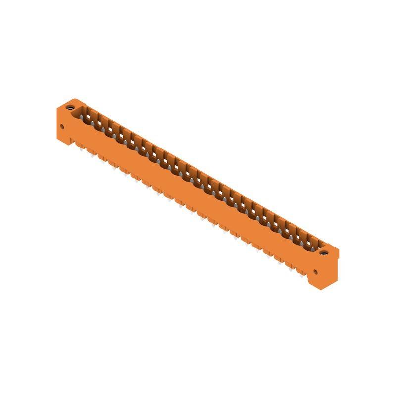 Ein orangefarbenes, rechteckiges 3D-Objekt mit gleichmäßig verteilten Löchern entlang seiner Länge.