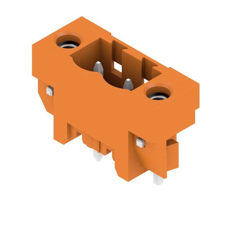 Ein orangefarbener elektrischer Verbinder mit zwei sichtbaren Metallklemmen, der für eine sichere Drahtbefestigung in der Elektronik oder in elektrischen Schaltkreisen konzipiert ist.