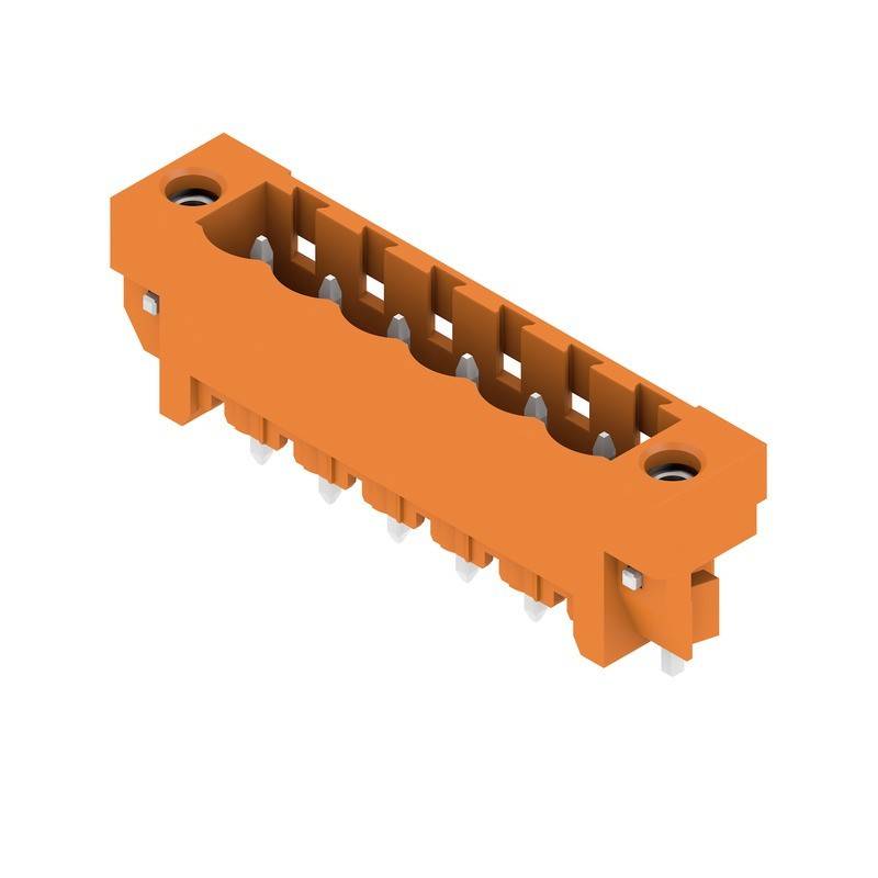 Ein orangefarbener elektronischer Steckverbinder mit mehreren Metallstiften, der für die Sicherung von Verbindungen in elektronischen oder elektrischen Systemen entwickelt wurde.