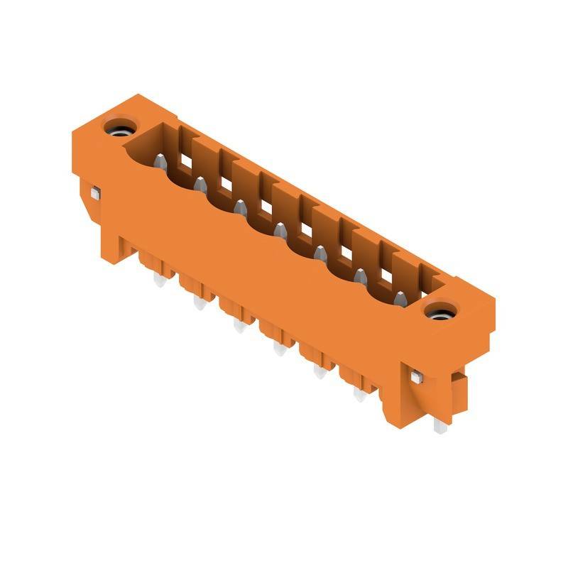 Orangefarbener rechteckiger elektrischer Verbinder mit mehreren Metallkontakten, verwendet für Schaltkreisverbindungen.