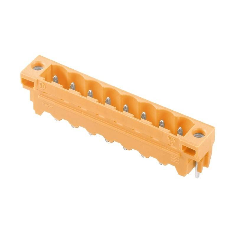 Ein orangefarbener elektrischer Anschluss mit mehreren Schlitzen und sichtbaren Metallkontakten, der zum Befestigen und Verbinden von elektrischen Drähten verwendet wird.