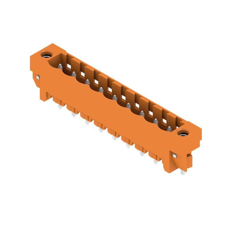 Ein orangefarbener elektrischer Anschluss mit mehreren Stiftanschlüssen, der für sichere Kabelverbindungen in elektrischen Schaltkreisen entwickelt wurde.