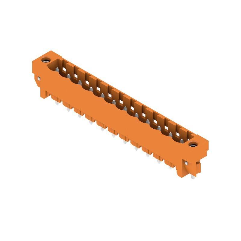 Orangefarbene Steckdose in rechteckiger Form, mit mehreren Schlitzen für Stifte, verwendet in elektronischen oder elektrischen Konfigurationen.