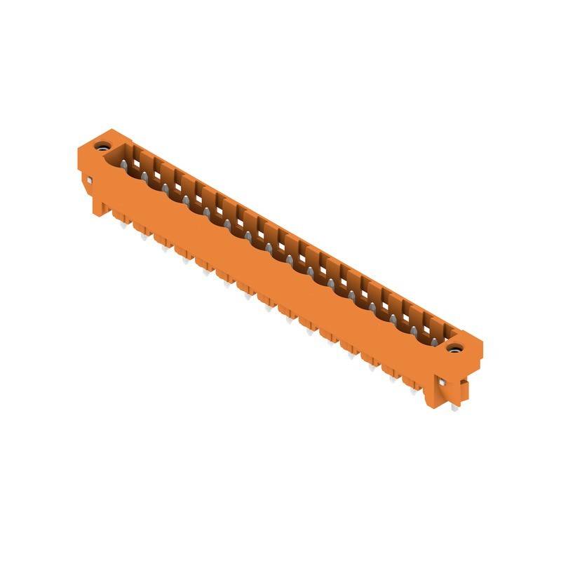 Orangefarbene elektronische Anschlusskomponente mit mehreren Pinschlitzen, in einer Schrägansicht dargestellt.