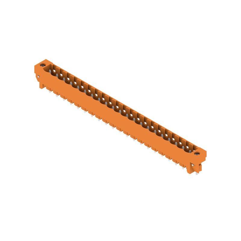 Eine orangefarbene Linearschiene, die für mechanische Systeme entwickelt wurde, mit gleichmäßig verteilten Zähnen entlang einer Seite und verwendet für Präzisionsbewegungsanwendungen.