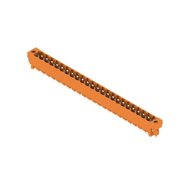 Orange Linearbalken mit gleichmäßig verteilten Rillen und Löchern, wahrscheinlich eine Komponente für mechanische oder strukturelle Anwendungen.