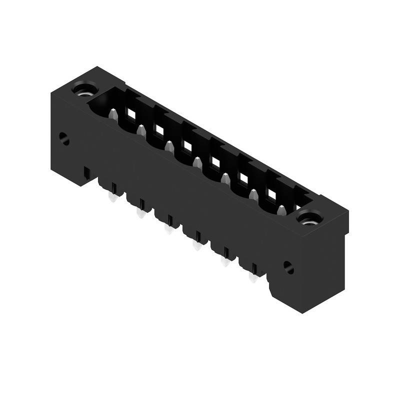 Eine schwarze elektronische Komponente mit mehreren Anschlüssen, die zum Verbinden von Schaltkreisen oder Geräten verwendet wird.