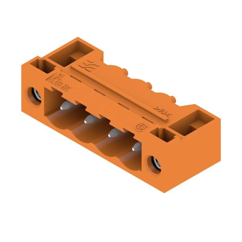 Ein orangefarbener 3-poligen Anschlussblock, der für elektrische Verbindungen verwendet wird, mit Schlitzen und Beschriftungen.