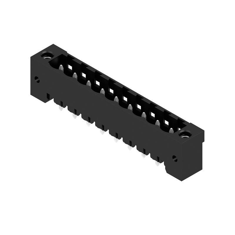 Ein schwarzer rechteckiger Anschluss mit mehreren Pins, der für elektronische Leiterplatten konzipiert ist und in einer schrägen Ansicht dargestellt wird.