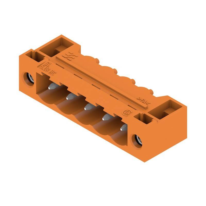 Ein orangefarbener elektrischer Anschlussblock mit vier Anschlussöffnungen, konzipiert für sichere Kabelverbindungen in elektrischen Installationen.