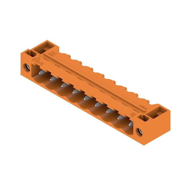 Ein orangefarbener Mehrfach-Steckverbinder mit mehreren Anschlüssen, der wahrscheinlich für Schaltungsverbindungen in elektronischen Geräten oder Maschinen verwendet wird.