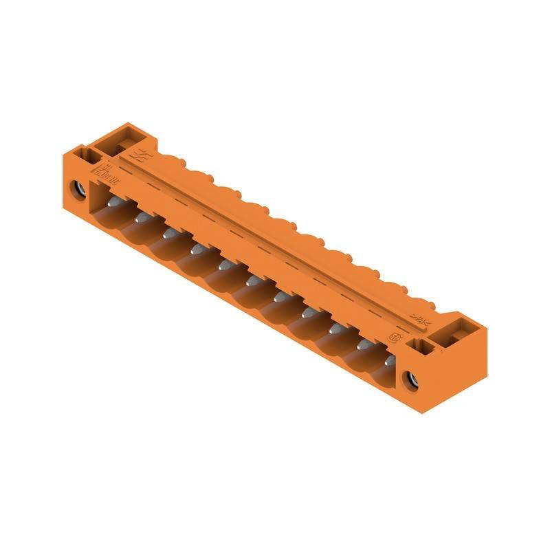 Ein orangefarbener elektrischer Steckverbinder mit mehreren Anschlüssen, die in einer Reihe angeordnet sind und für die Kabelorganisation und Konnektivität in elektronischen Geräten entwickelt wurden.