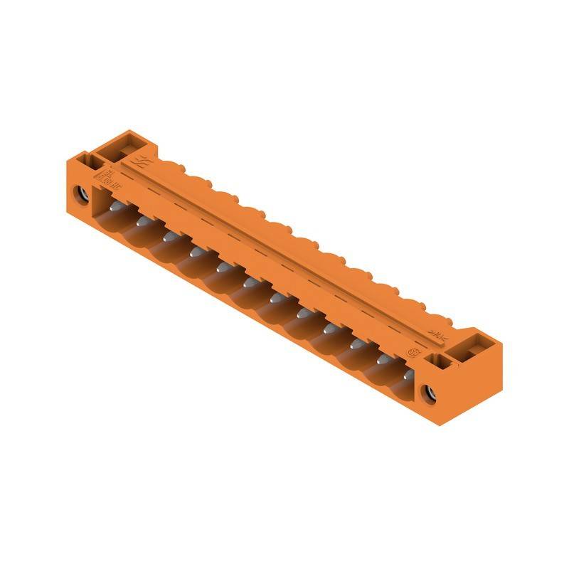 Orangefarbener elektrischer Anschlussklemmenblock mit mehreren Anschlusspunkten, verwendet zur Organisation und Sicherung von Drahtverbindungen in elektrischen Systemen.