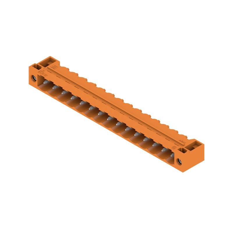 Ein orangefarbener Klemmenblock mit mehreren Anschlusspunkten, der für elektrische Verdrahtung verwendet wird, ist vor einem einfarbigen Hintergrund zu sehen.