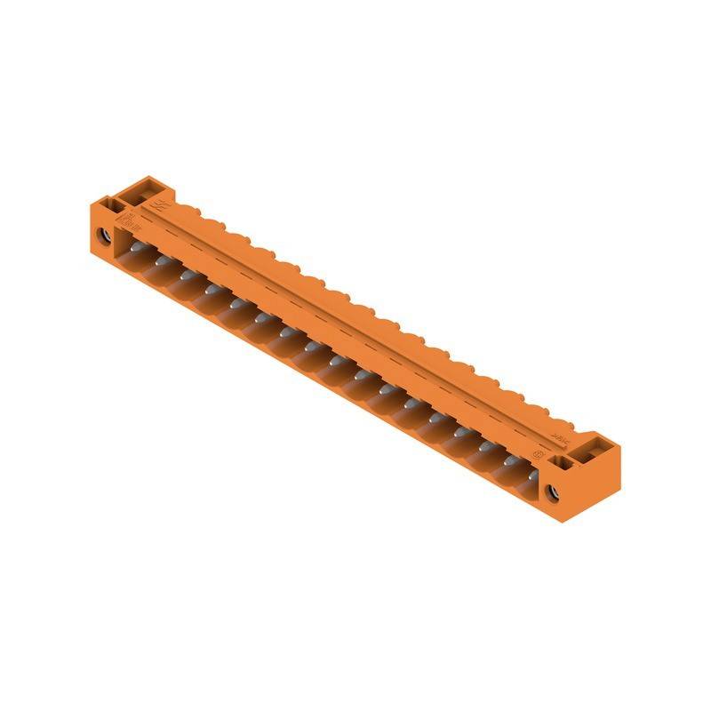 Orangefarbener Klemmenblock mit mehreren Anschlussports, verwendet für Verdrahtung und elektrische Verbindungen.