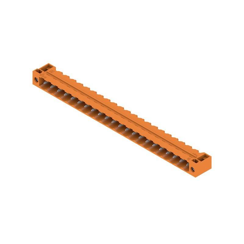 Eine orangefarbene Linearführung mit gleichmäßig verteilten Löchern und Befestigungspunkten, die typischerweise in mechanischen oder robotischen Anwendungen zur Führung von Bewegungen eingesetzt wird.