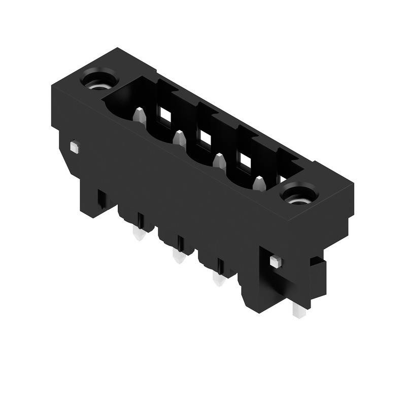 Ein schwarzer 4-Pin-Anschlusskomponent, der für elektronische Geräte verwendet wird und vier freiliegende Metallstifte in rechteckiger Form aufweist.