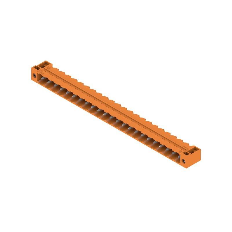 Eine horizontale orangefarbene Plastikleiste mit einer Reihe gleichmäßig verteilter Schlitze entlang ihrer Länge, wahrscheinlich als Verbinder oder Organisationselement verwendet.