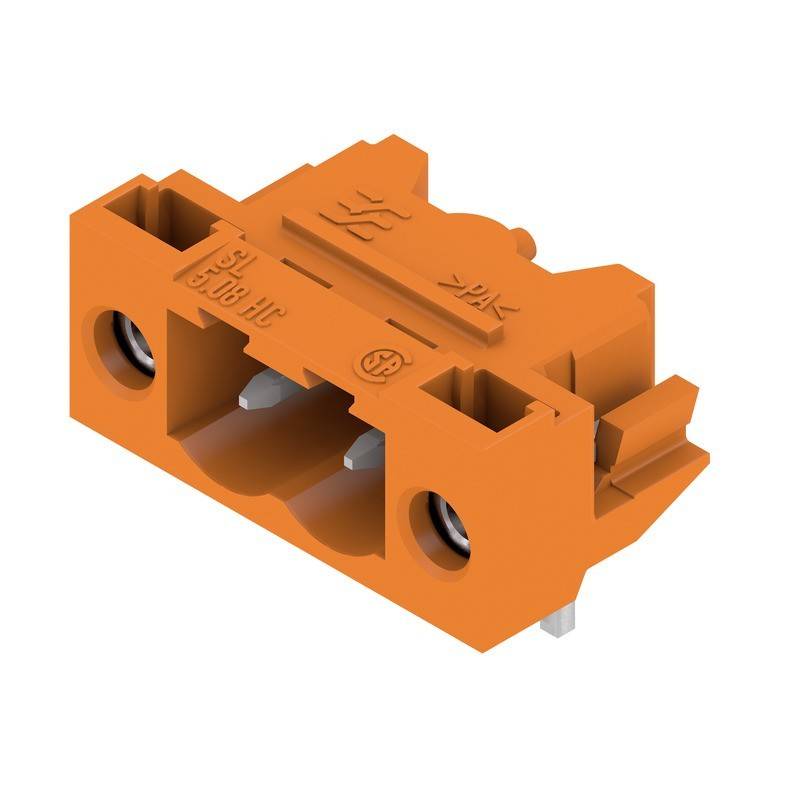 Orangefarbener elektrischer Steckverbinder, rechteckige Form, zwei kreisrunde Öffnungen an einer Seite, mit Metallkontakten im Inneren, verwendet für Verdrahtungsanwendungen.