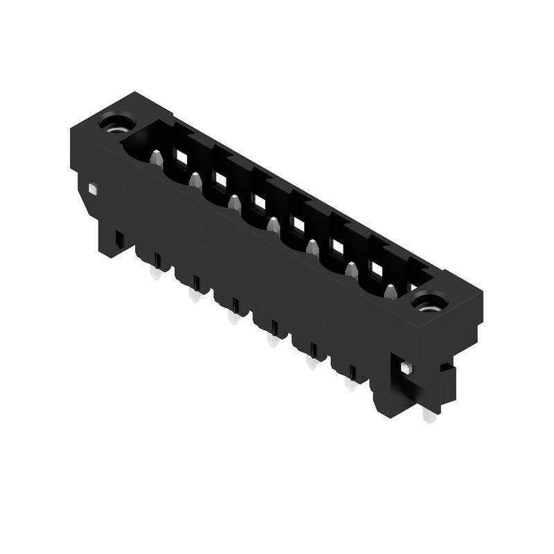Ein schwarzer, rechteckiger elektronischer Steckverbinder mit mehreren Pins, der üblicherweise zum Befestigen elektronischer Bauteile auf Leiterplatten verwendet wird.