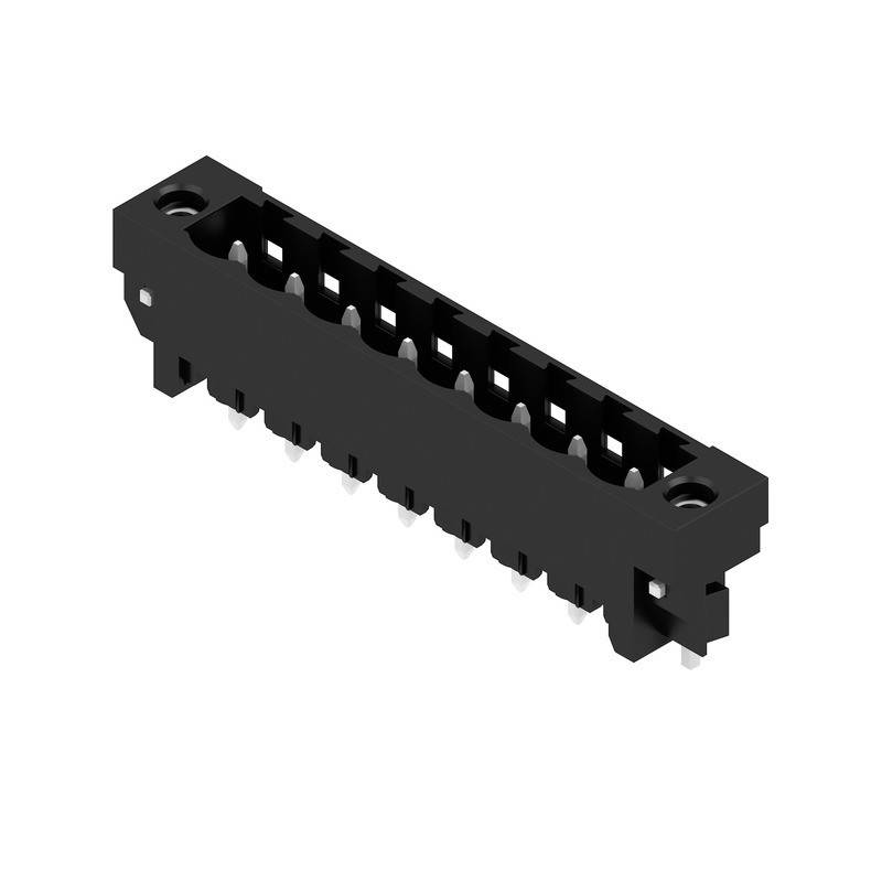 Ein schwarzer 10-poliger Doppelreihen-Steckverbinder mit Schutzwänden, der für sichere und präzise elektrische Verbindungen auf Leiterplatten entwickelt wurde.